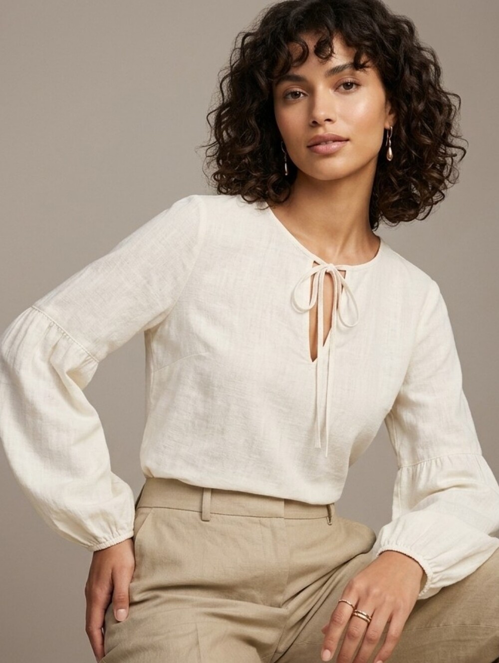Sanctuary Ivory Peasant Balloon Long Slevees Top Boho Blouse Minimalist Fall